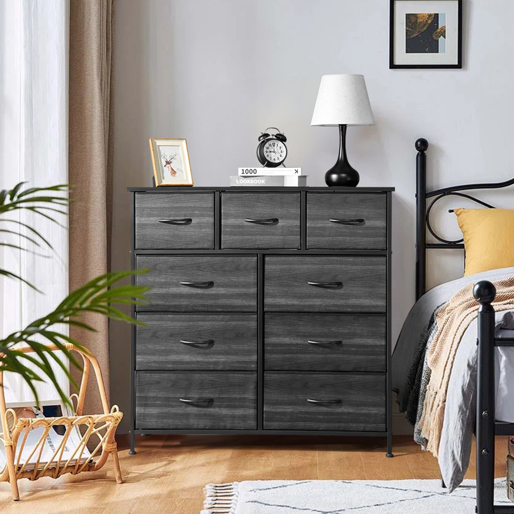 Furnipuzzle Multi - drawer tall wardrobe, large fabric drawer cabinet. It's perfect for home storage and organization in guest rooms, closets, entryways, living rooms, and bedrooms. It comes with a sturdy metal frame and a wooden countertop.