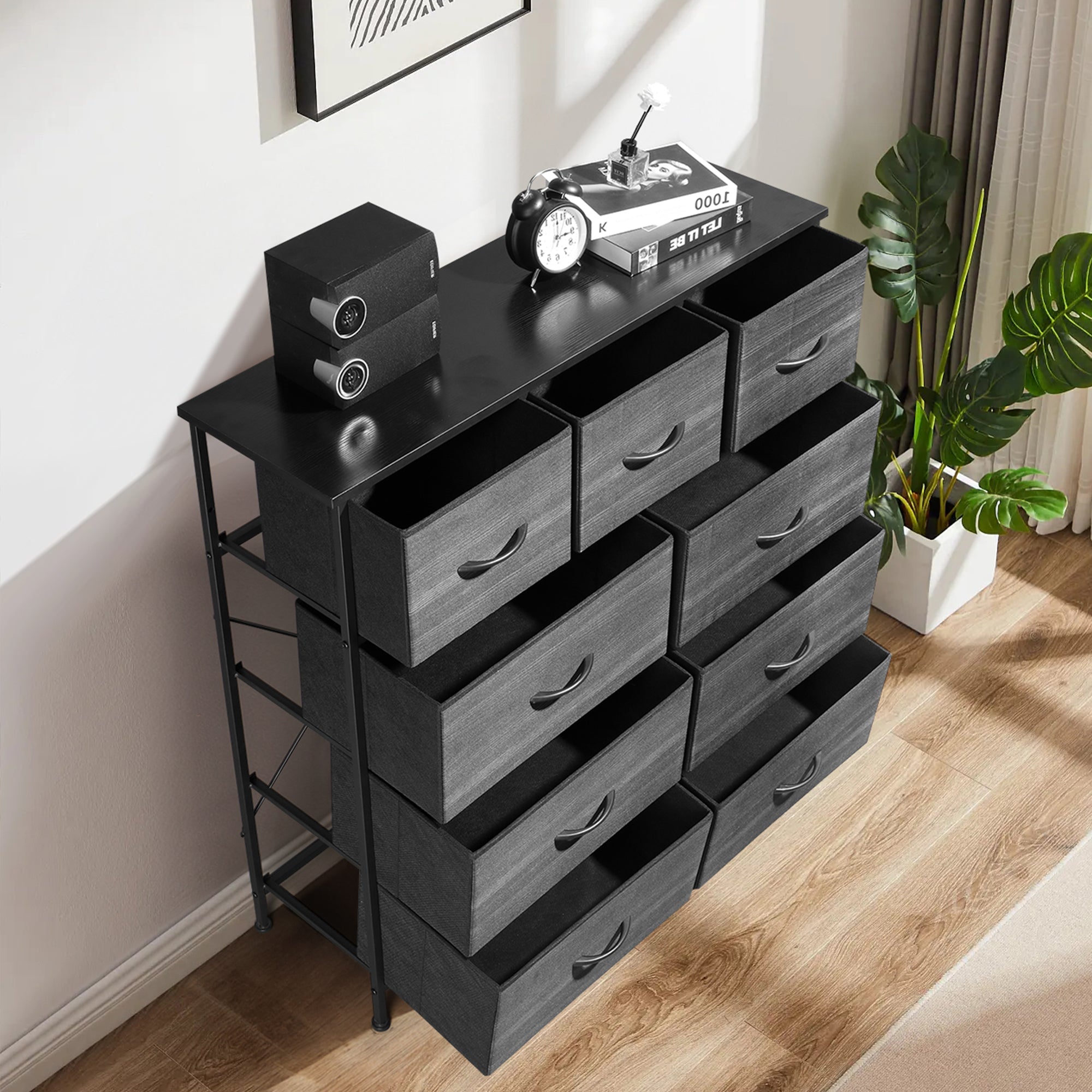 Furnipuzzle Multi - drawer tall wardrobe, large fabric drawer cabinet. It's perfect for home storage and organization in guest rooms, closets, entryways, living rooms, and bedrooms. It comes with a sturdy metal frame and a wooden countertop.