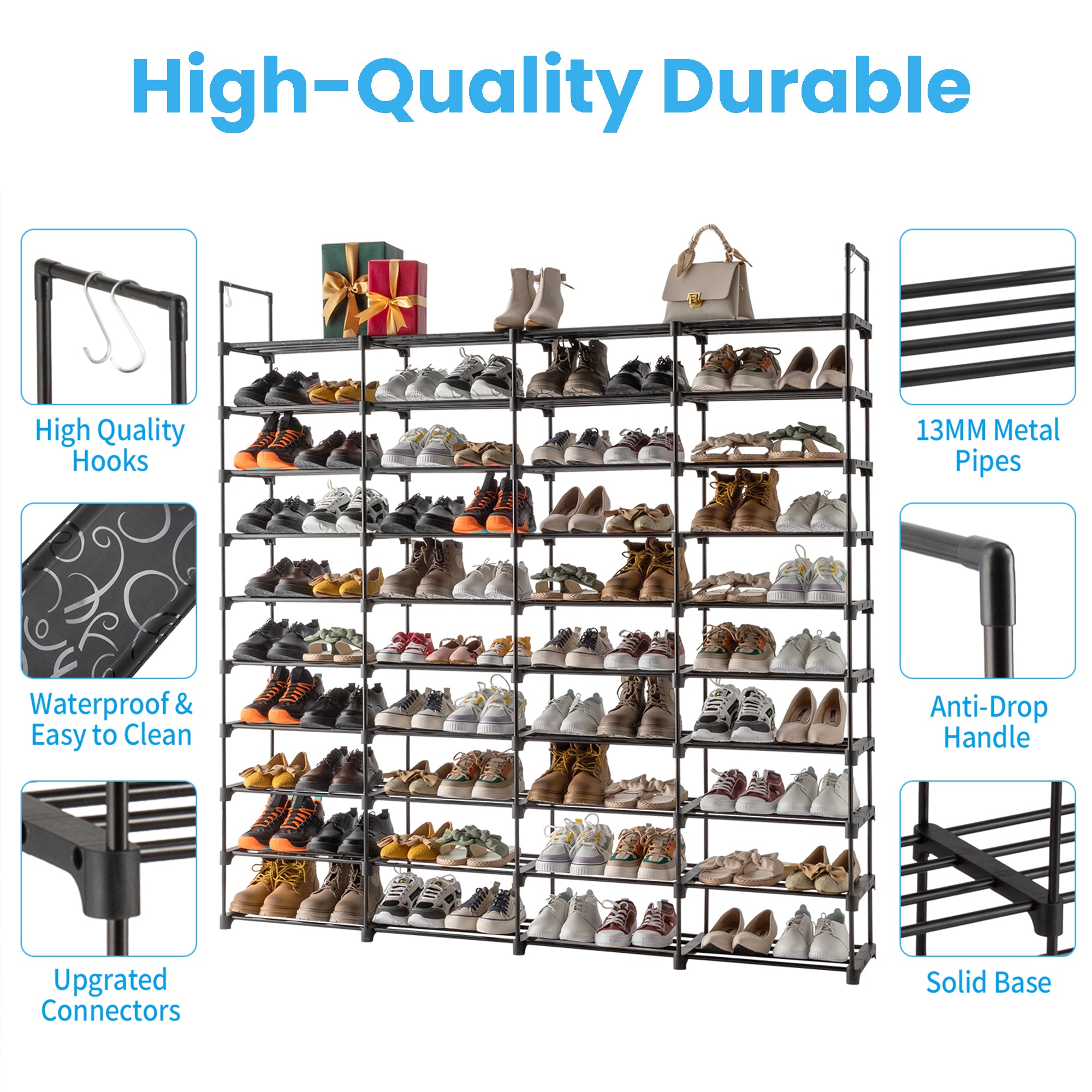 Furnipuzzle The multi - layer shoe rack organizer can hold 70 - 80 pairs of shoes at most. It's a metal shoe rack with hooks, which is great for entryways and garages. And it's black.