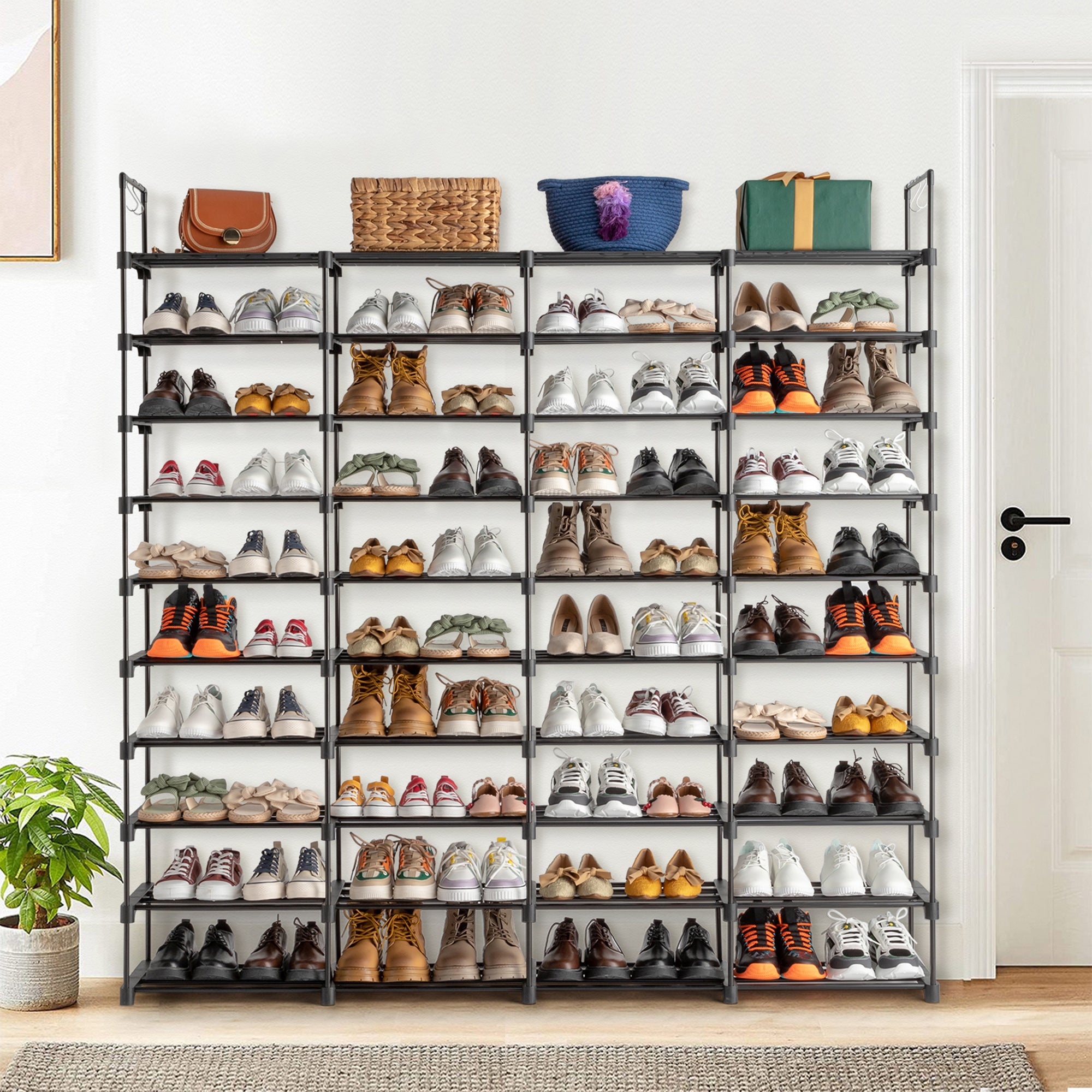 Furnipuzzle The multi - layer shoe rack organizer can hold 70 - 80 pairs of shoes at most. It's a metal shoe rack with hooks, which is great for entryways and garages. And it's black.