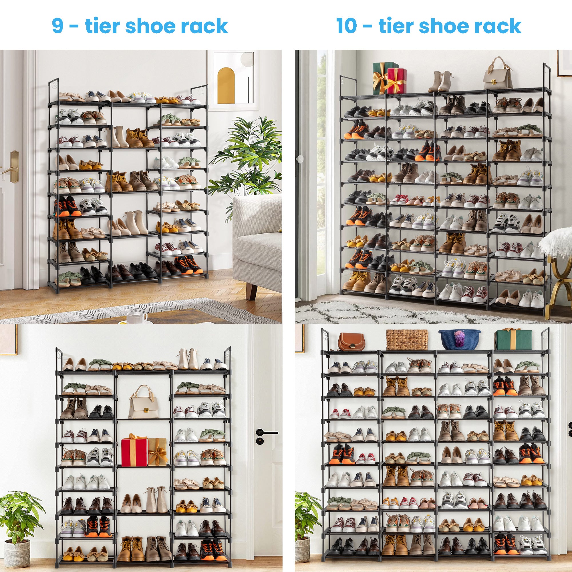Furnipuzzle The multi - layer shoe rack organizer can hold 70 - 80 pairs of shoes at most. It's a metal shoe rack with hooks, which is great for entryways and garages. And it's black.