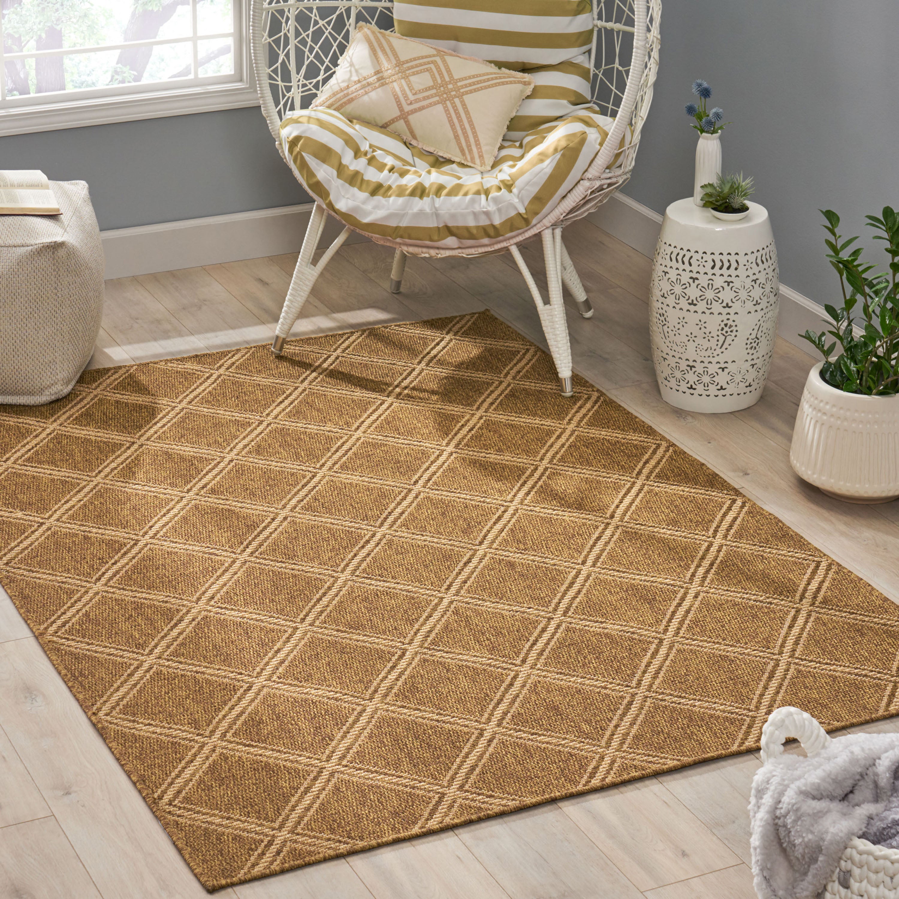 Furnipuzzle Earth - Toned Diamond Grid Rug，Size: 84" X 63"