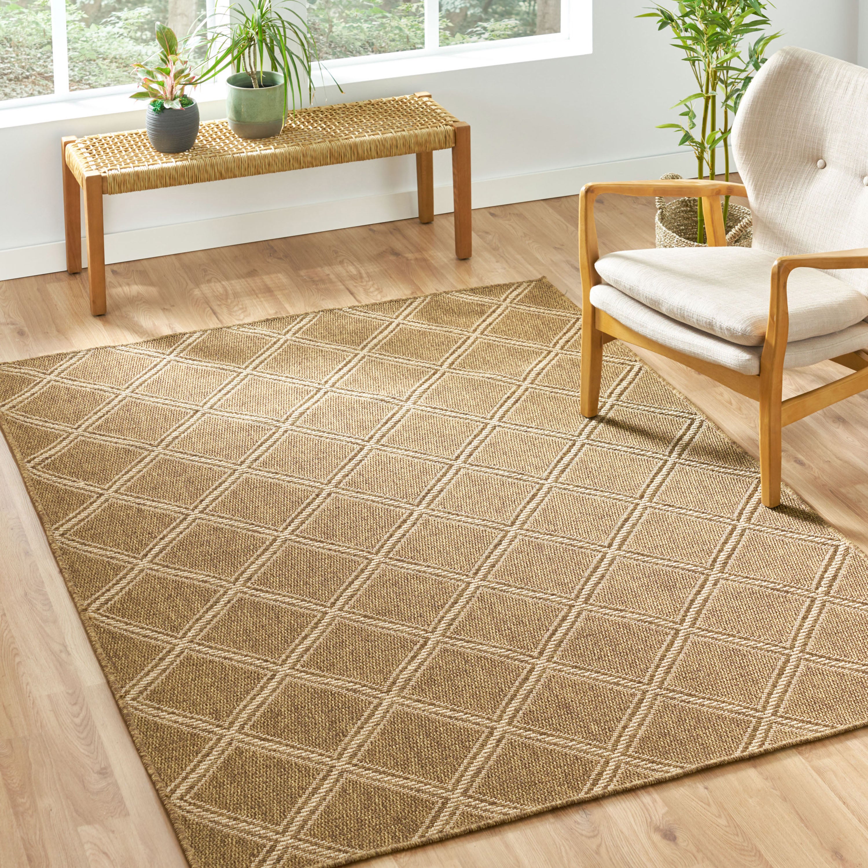 Furnipuzzle Earth - Toned Diamond Grid Rug，Size: 84" X 63"