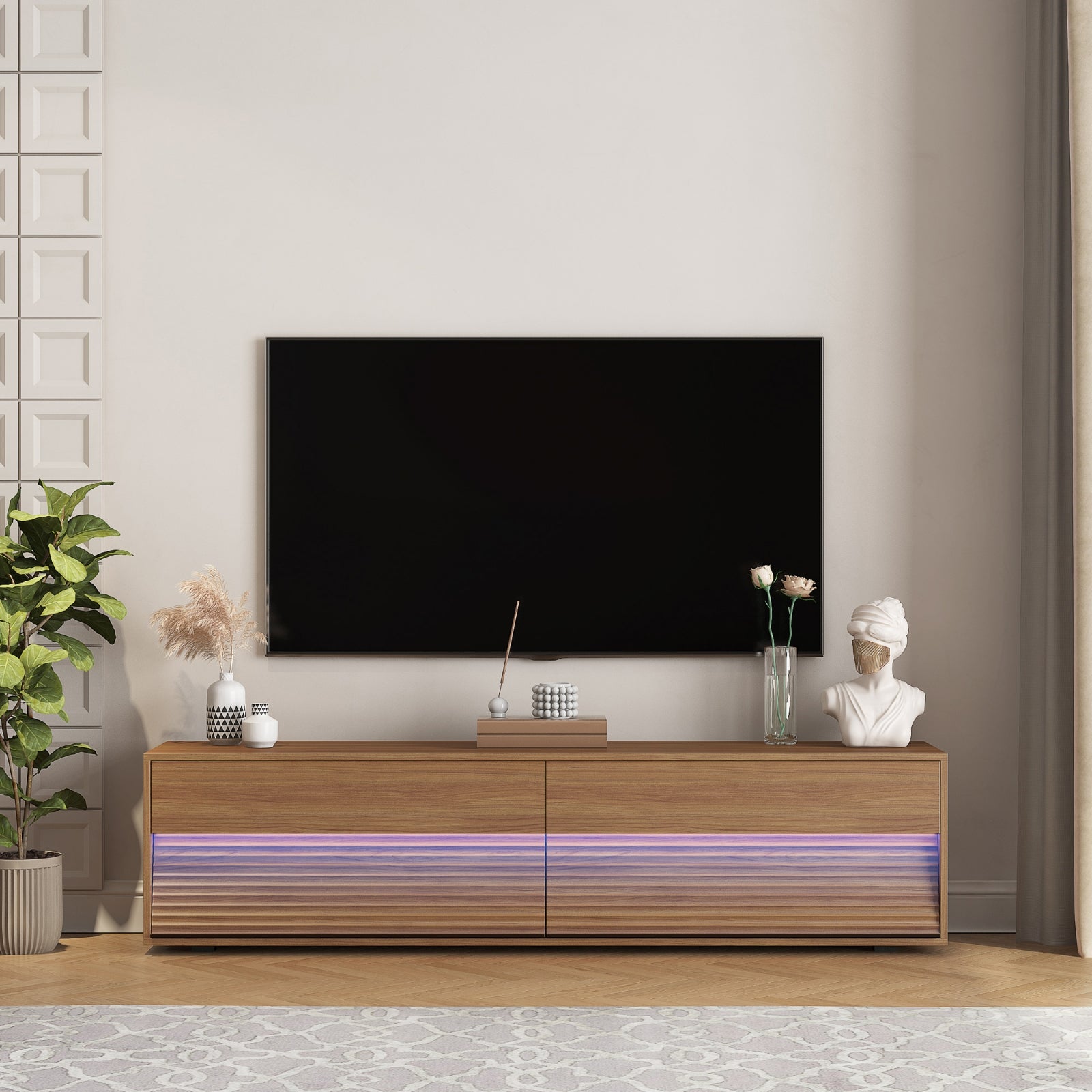 Furnipuzzle Rectangular Light Wood Pattern MDF TV Cabinet - Double Door Storage Design for Living Room Use